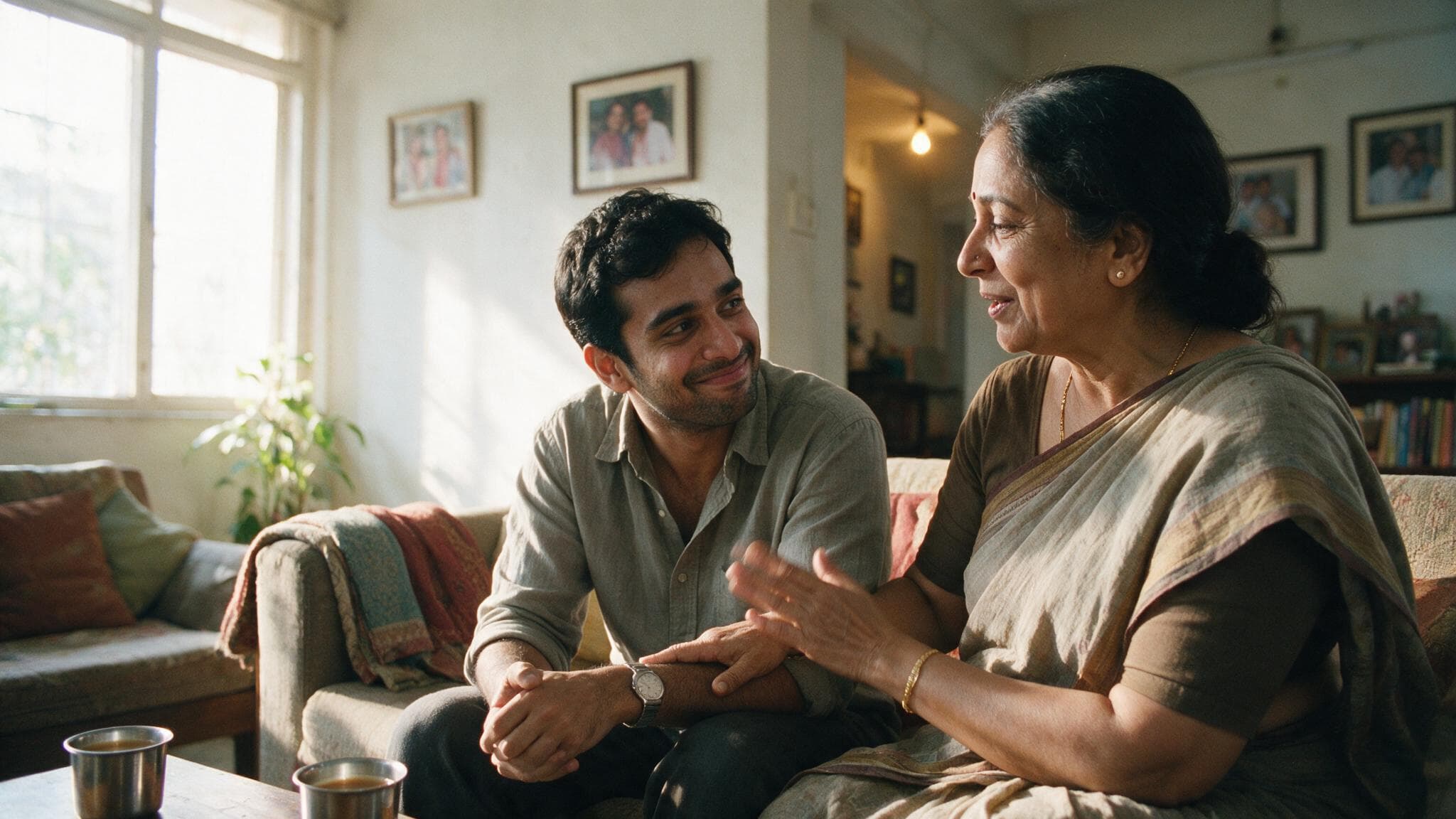 A mother on a sofa with her hand on her adult son's arm, telling him something plain while he listens