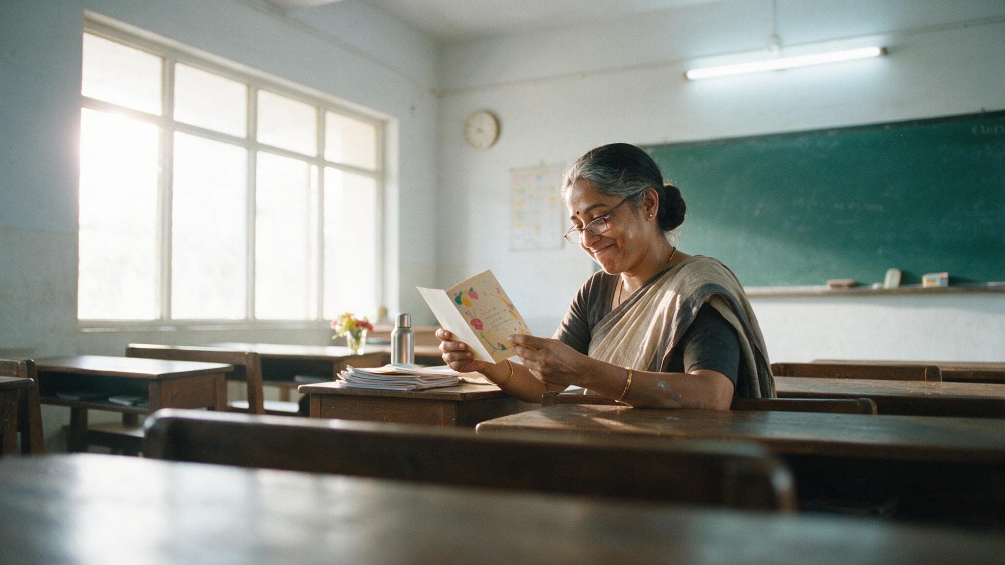 A teacher at her desk in a sunlit empty classroom, smiling at a handmade card