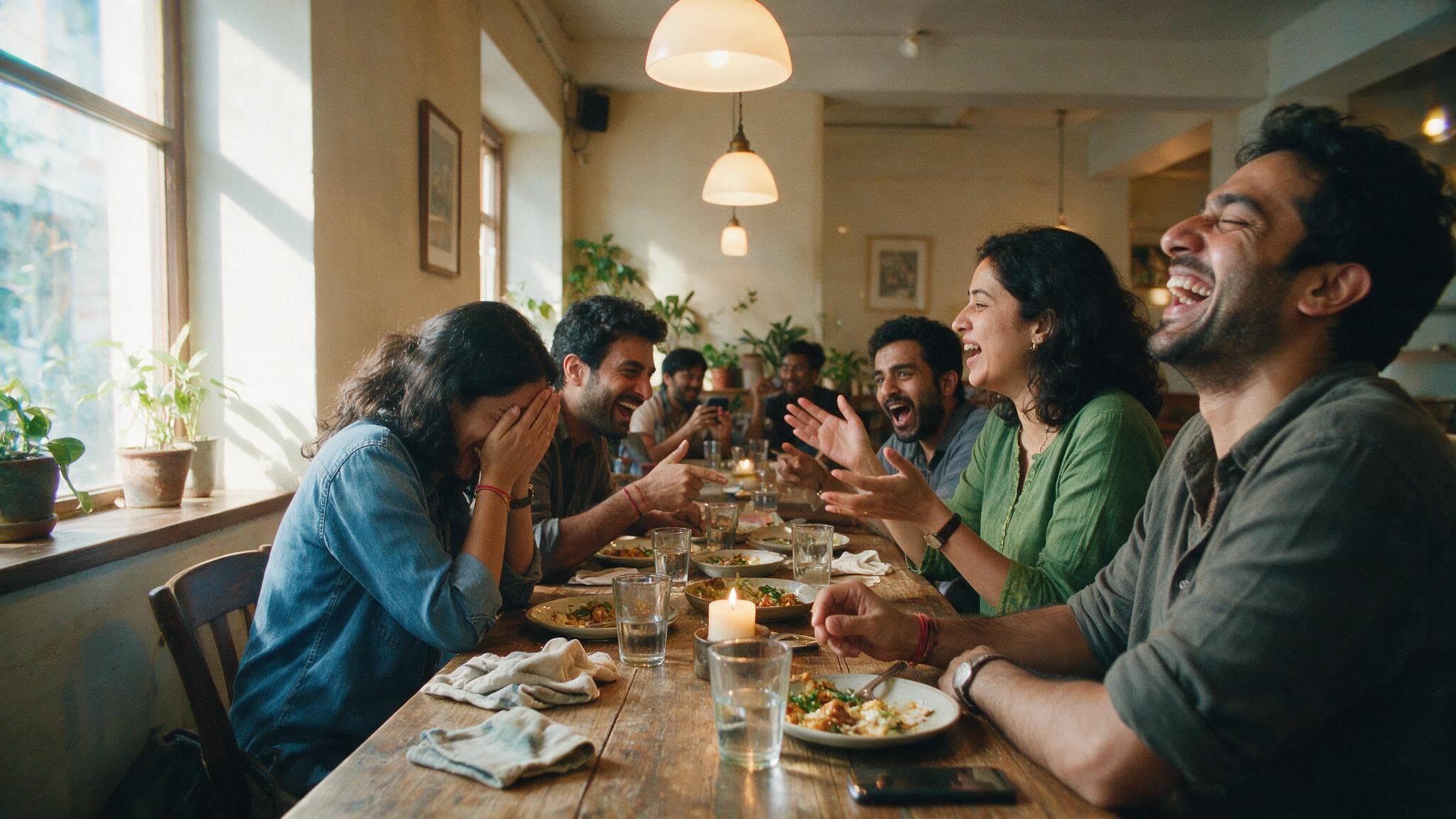 Six friends around a long restaurant table, mid-story, everyone laughing