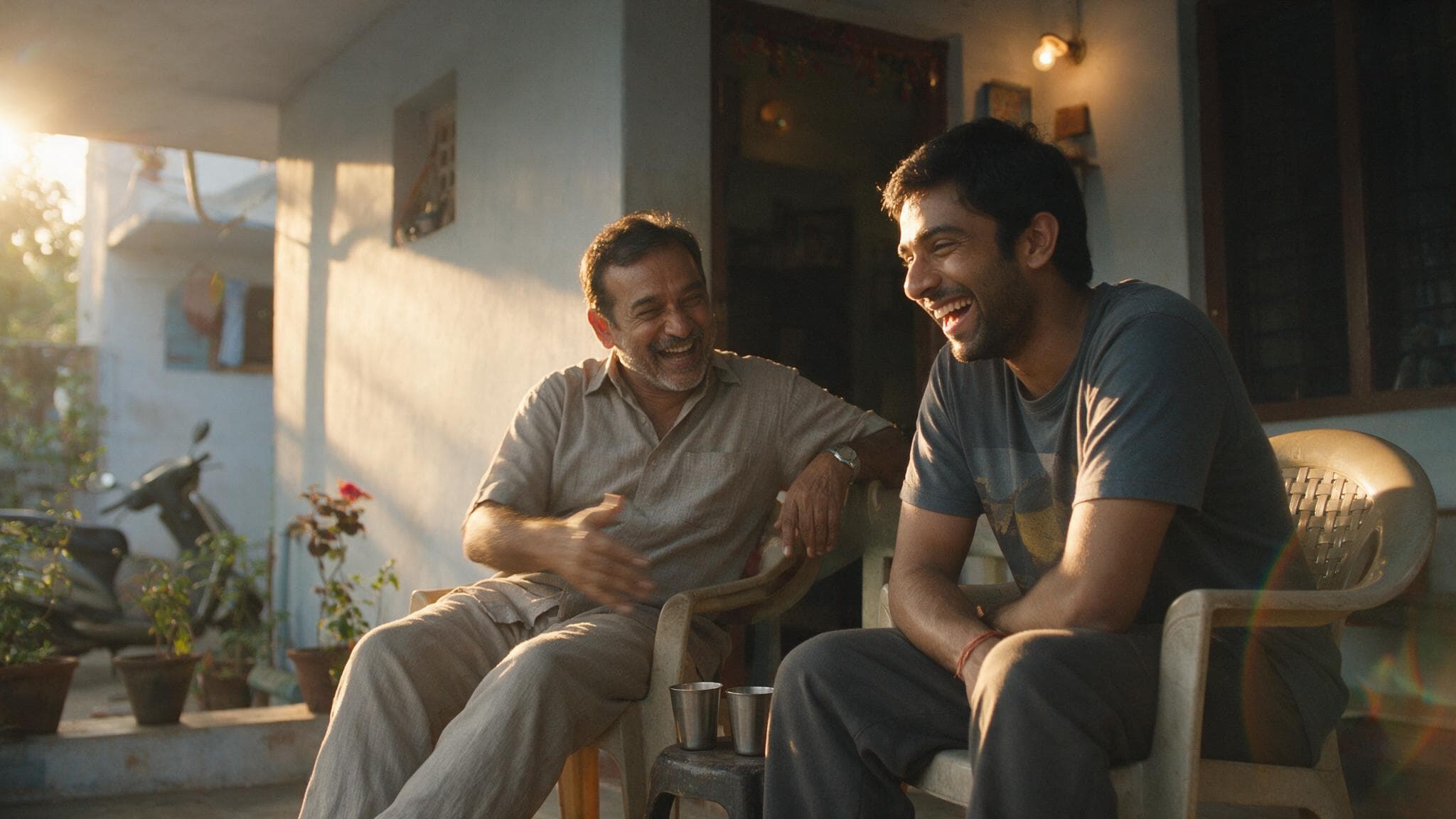 An uncle and his grown nephew laughing over tea on plastic chairs outside the house in evening light