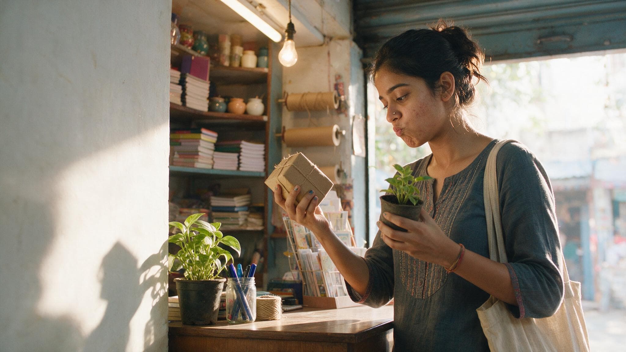 A young woman at a neighbourhood shop counter weighing up a small wrapped box against a potted plant