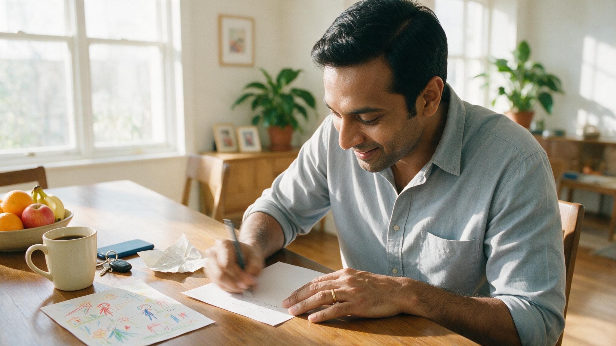 A man handwriting a letter at a sunlit dining table, a child drawing beside him