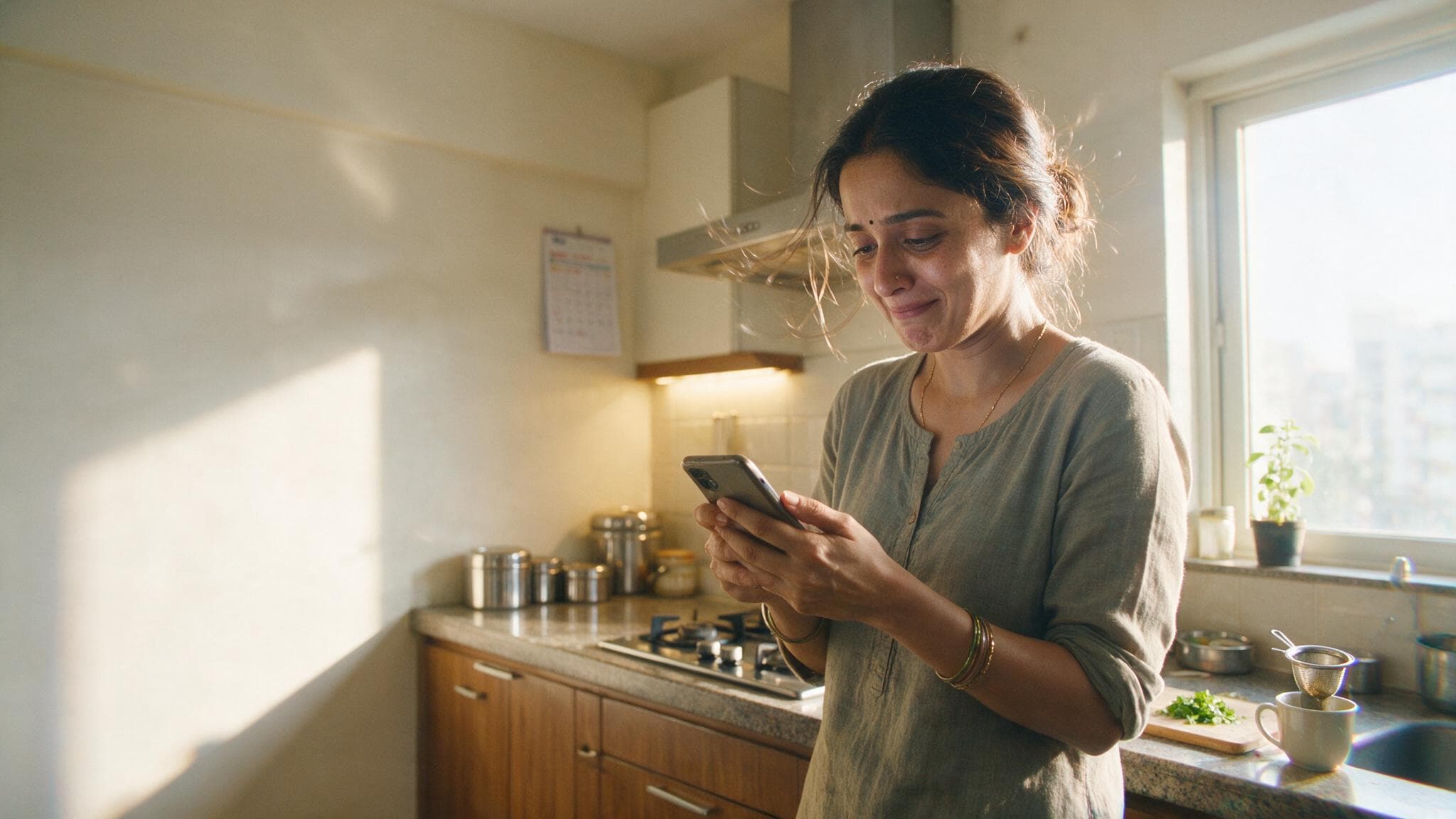 A woman in a bright kitchen reading a long birthday message on her phone, half smiling